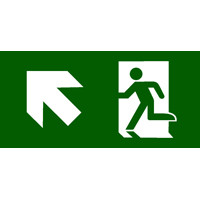 Nooduitgang links schuin omhoog bord (ook trap llinks omhoog)