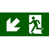 Nooduitgang links schuin omlaag ISO7010 (ook trap links omlaag)